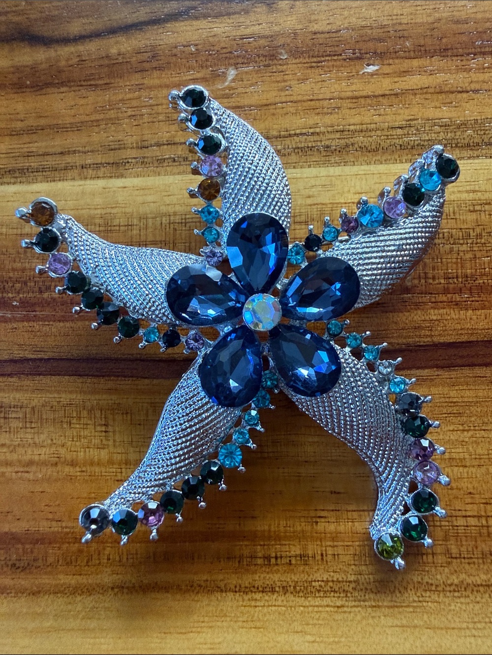 Silver-Tone Blue Crystal Starfish Brooch